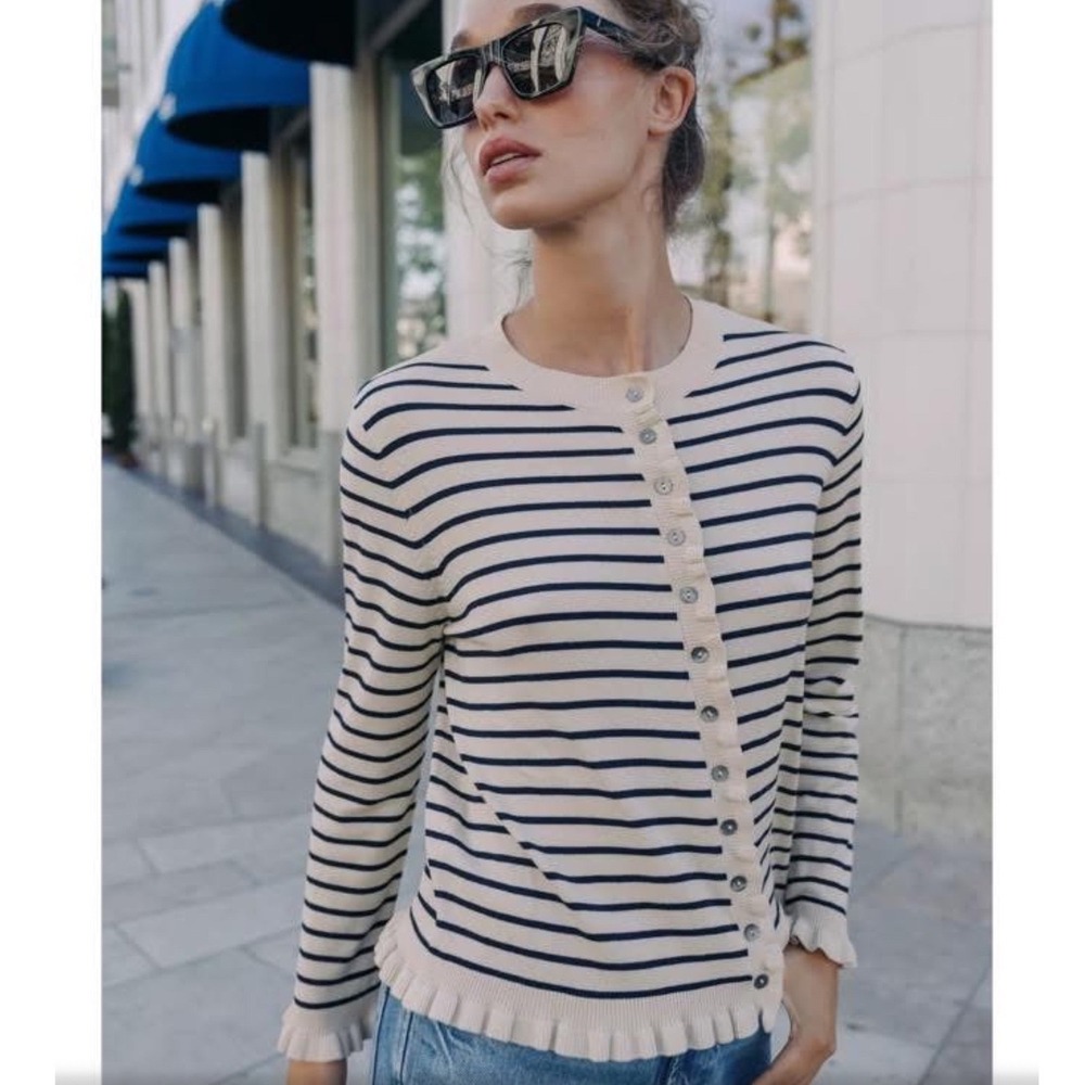 Zara Cream & Navy Stripe Ruffle Trim Cardigan Medium Button Front Bangladesh - Picture 2 of 12